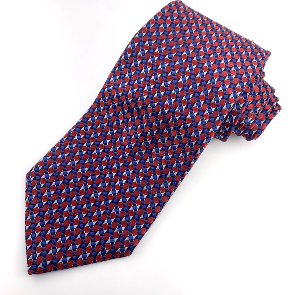 Ike Behar Mens Tie Red & Blue Geometric Repp Thick 100% Silk Necktie